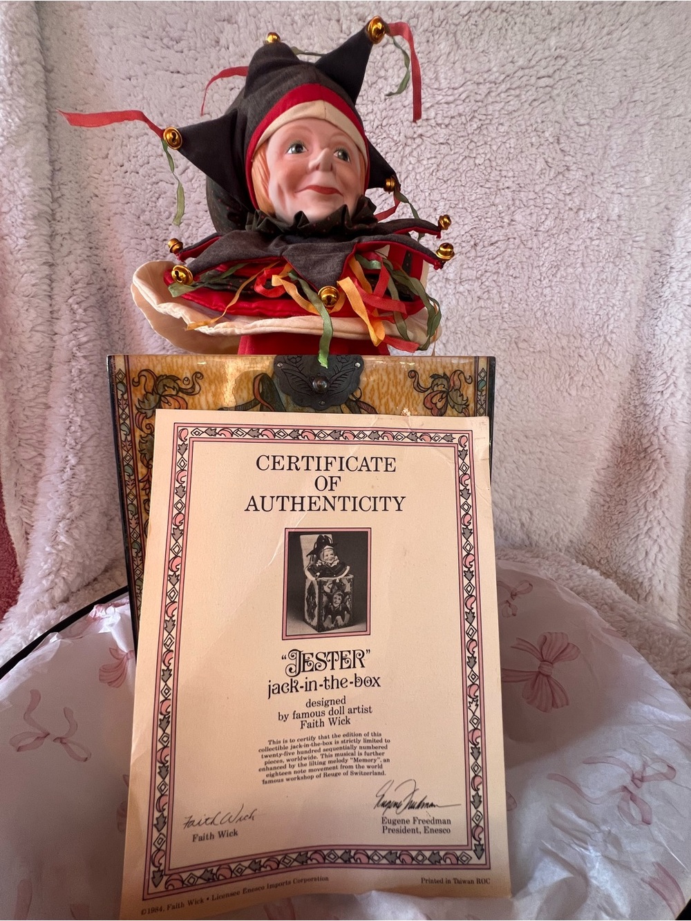 Jester Jack-in-the-Box Doll with Colorful Ribbons